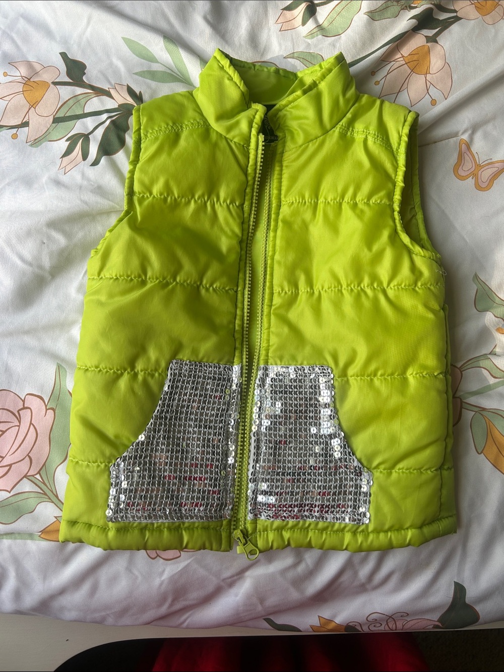 Neon Lime Puffer Vest with Silver Sequin Pockets